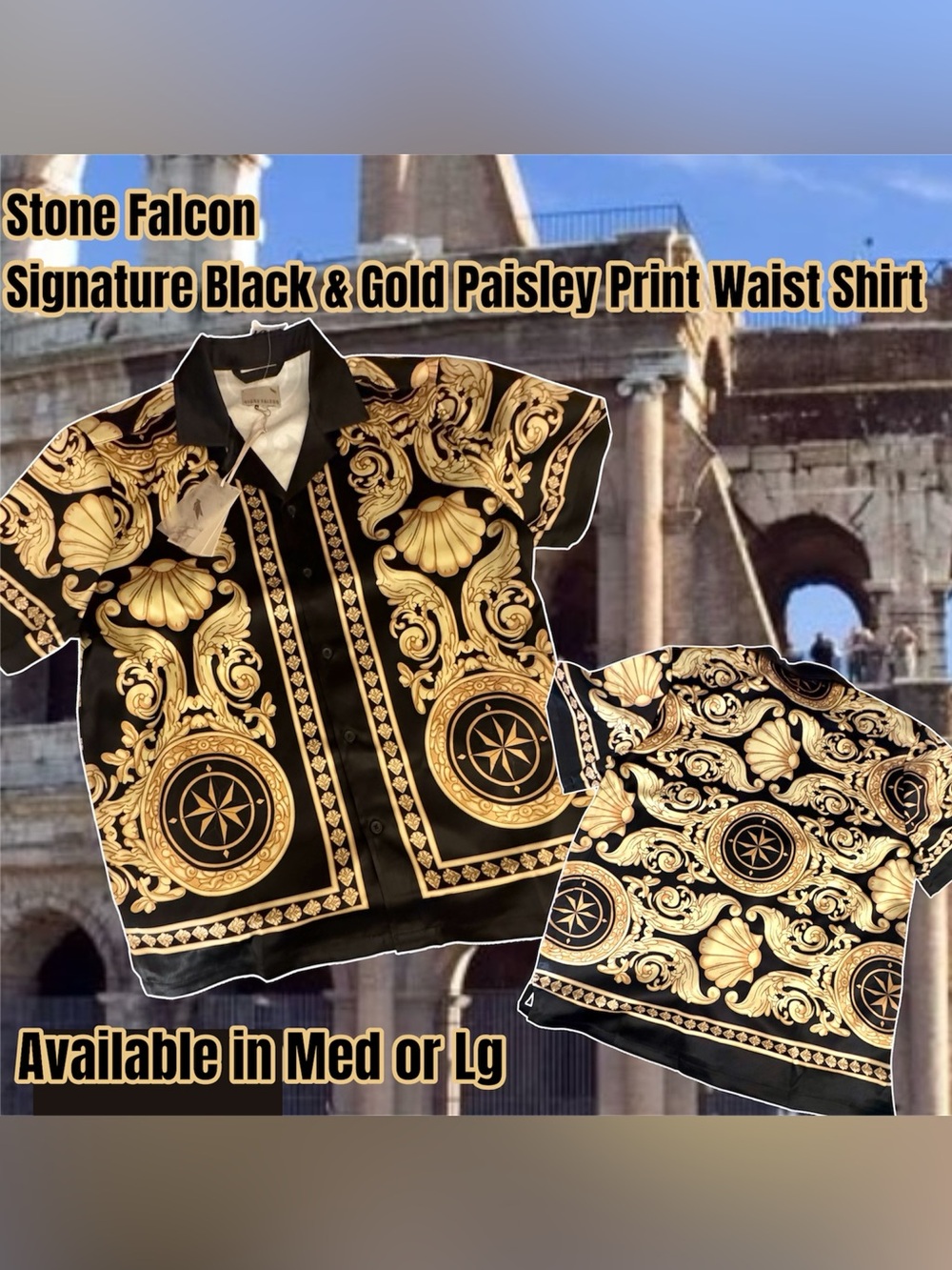 Stone Falcon Men's Black & Gold bold baroque print Shirt size Medium or Large